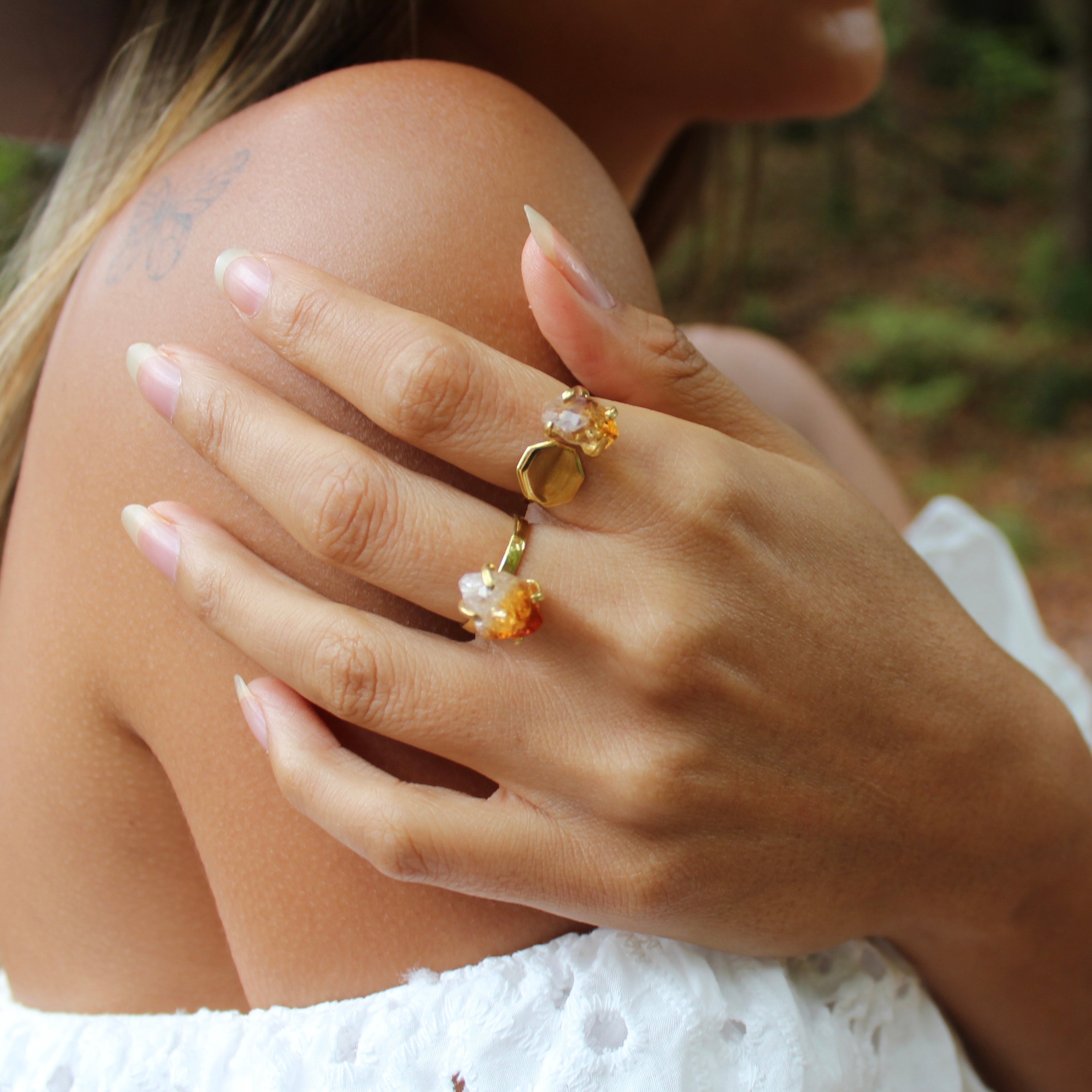 HEXAGON RING - CITRINE (GOLD PLATED)