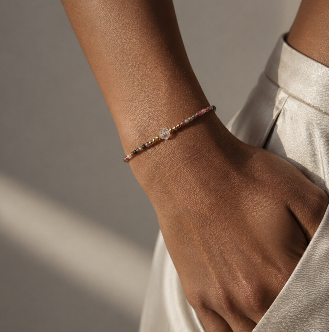 MINI BEADS BRACELET - TOURMALINES & HERKIMER (GOLD-FILLED)