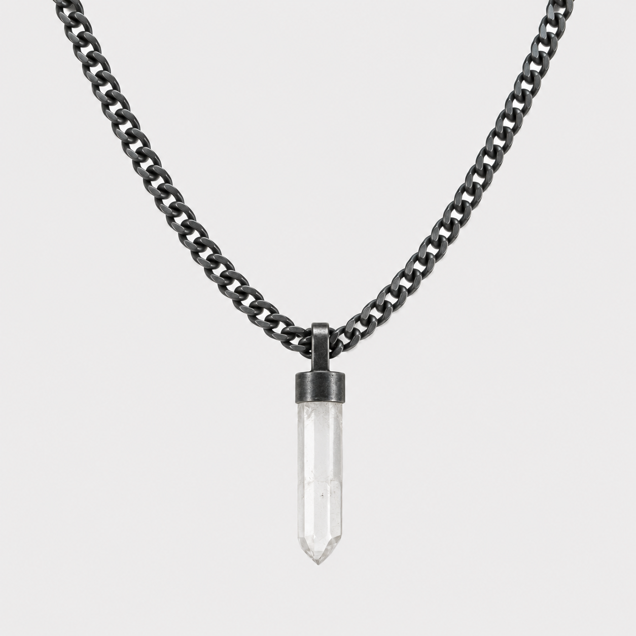 PENCIL PENDULUM NECKLACE - CRYSTAL QUARTZ (BURNED SILVER)