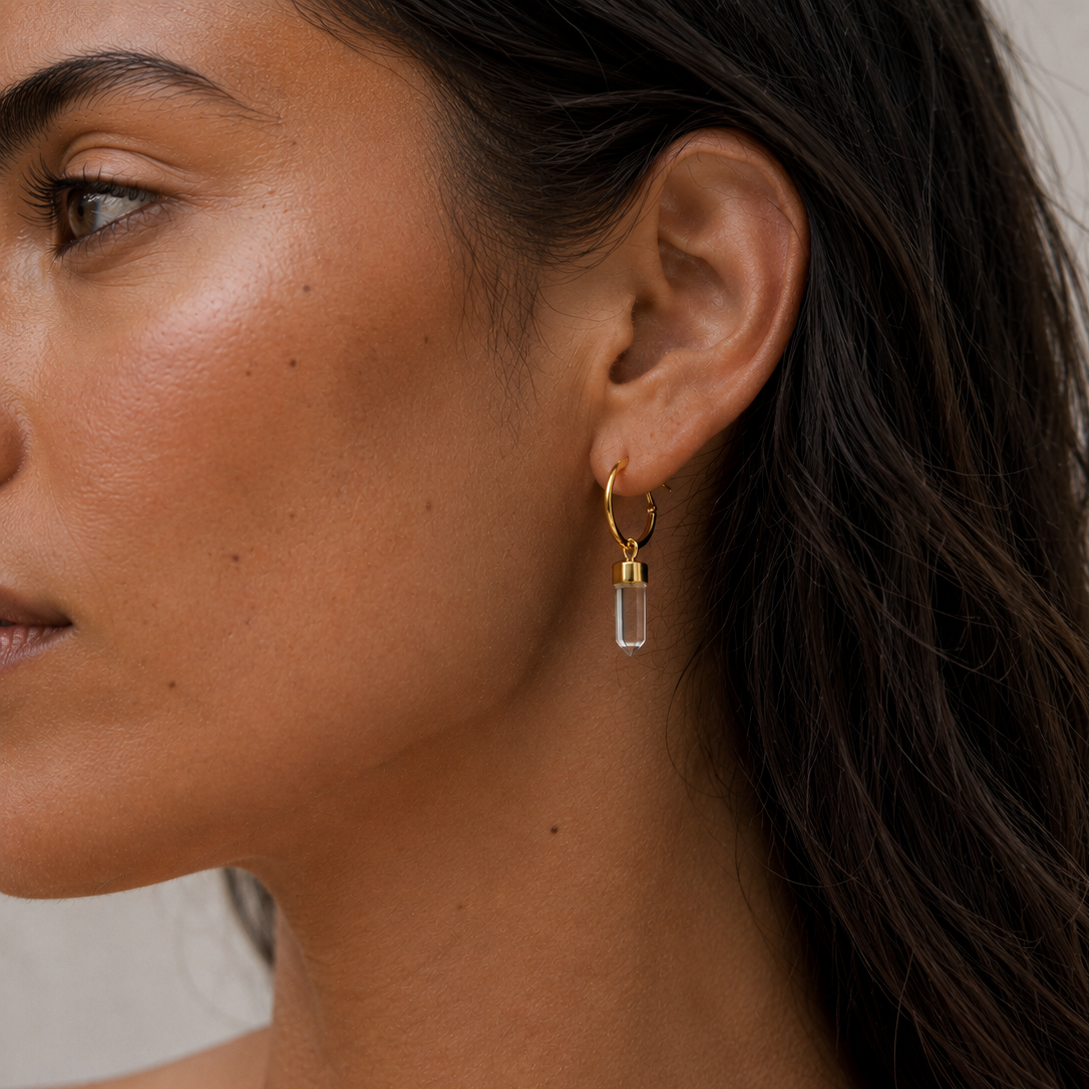 MINI HOOPS -CRYSTAL QUARTZ (GOLD PLATED)