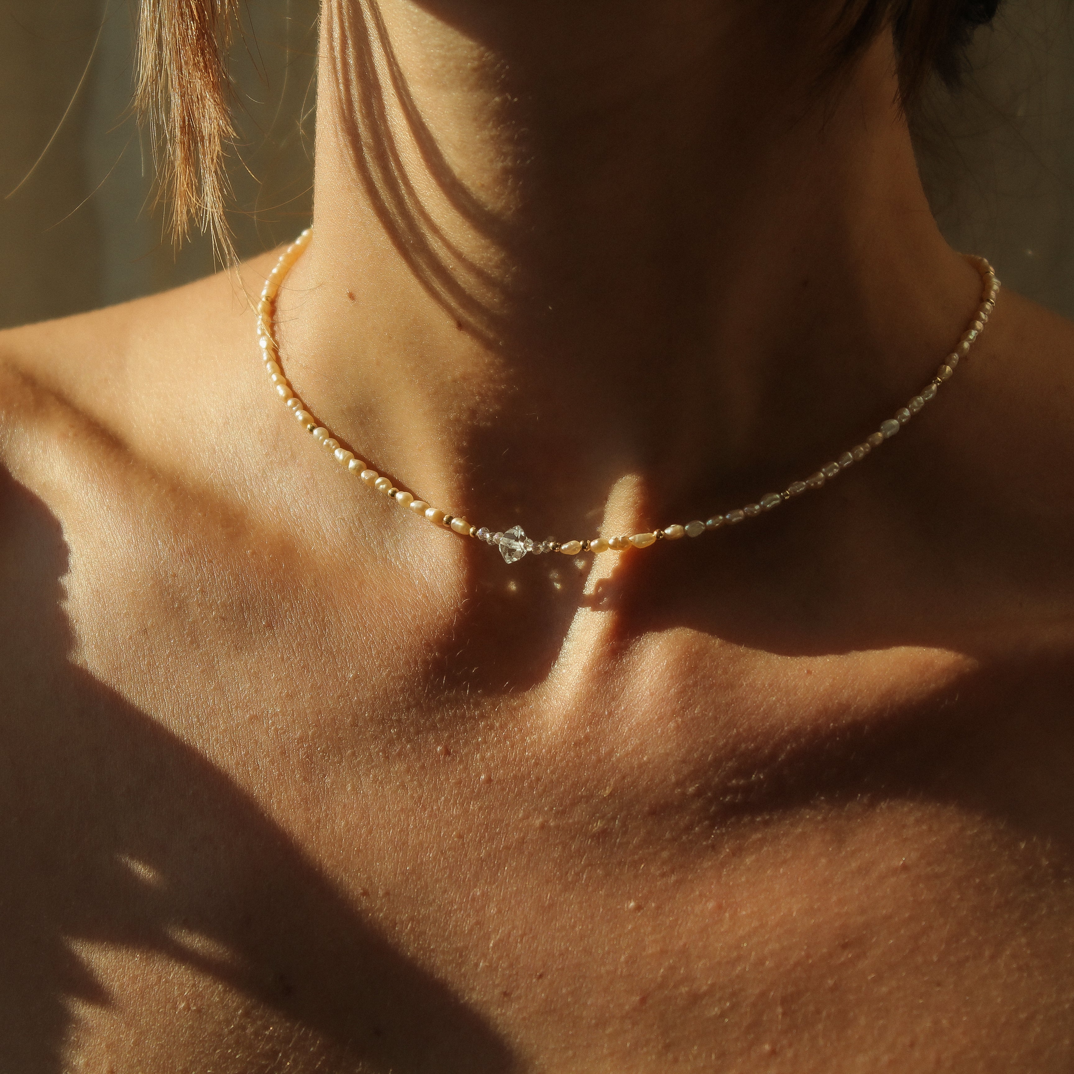 FRESHWATER PINK PEARLS CHOKER - HERKIMER (GOLD-FILLED)