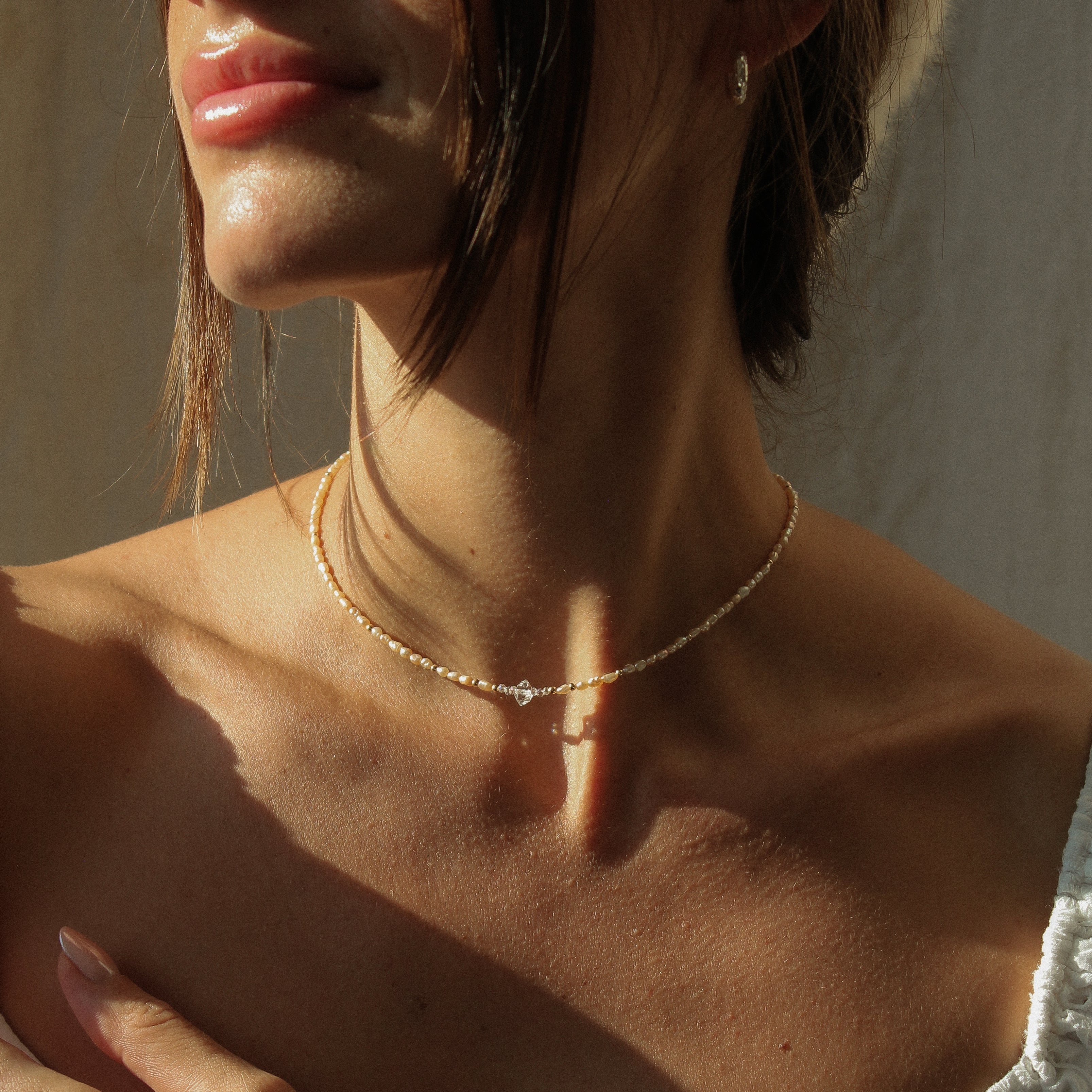 FRESHWATER PINK PEARLS CHOKER - HERKIMER (GOLD-FILLED)