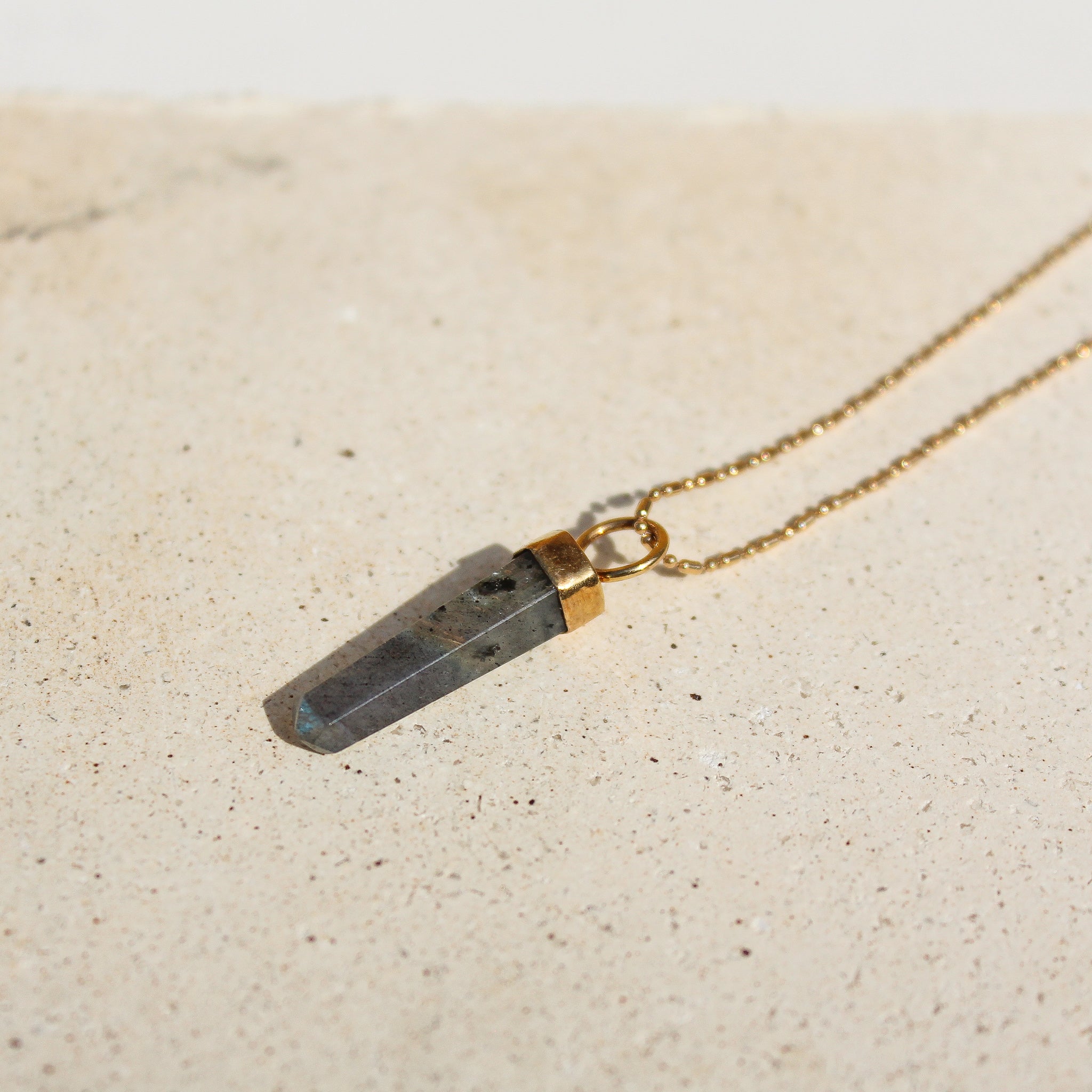 LABRADORITE LONG PENDULUM CHARM (GOLD PLATED)