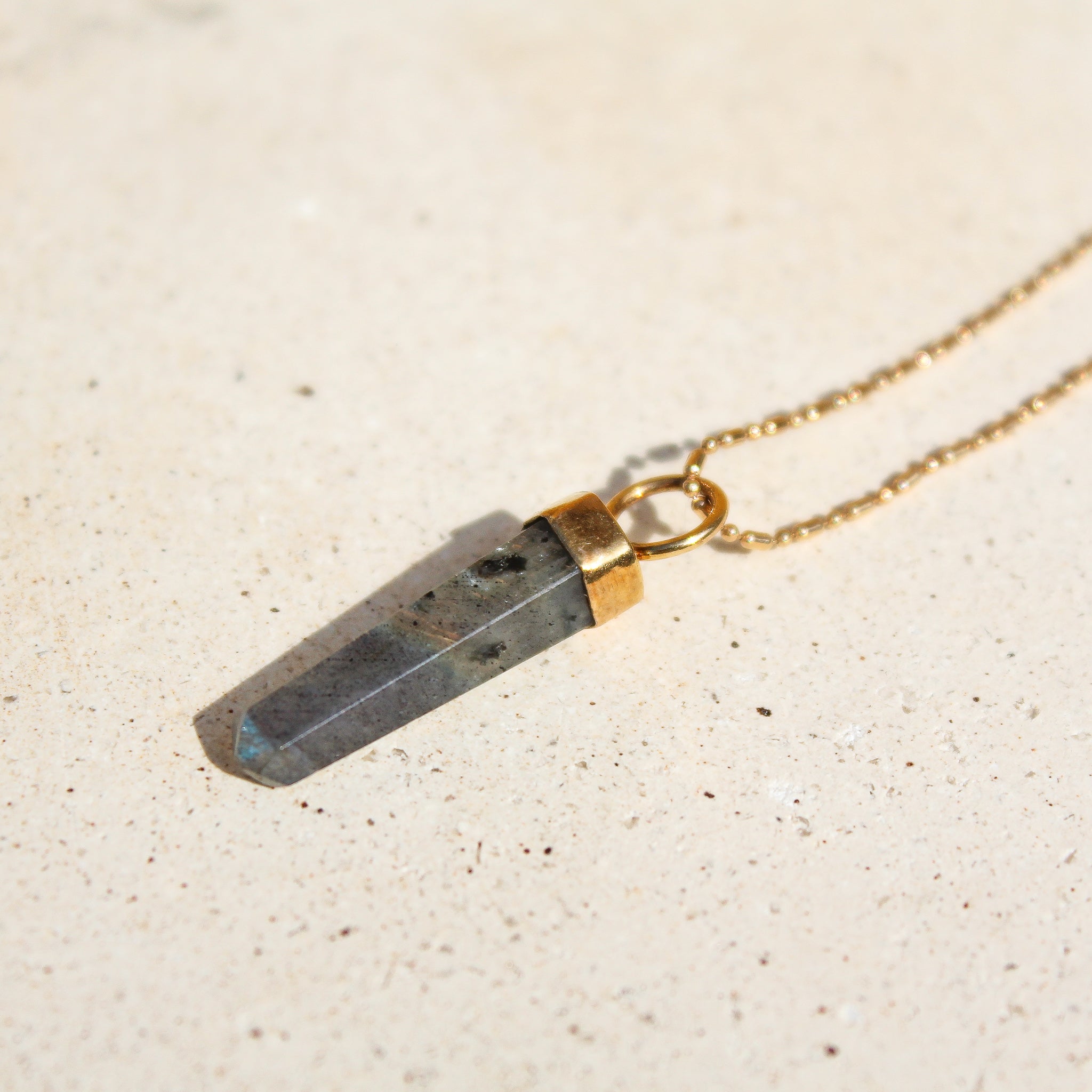 LABRADORITE LONG PENDULUM CHARM (GOLD PLATED)