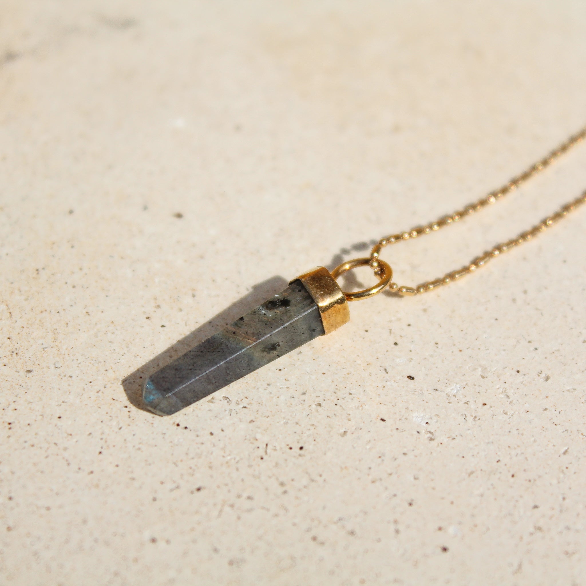 LABRADORITE LONG PENDULUM CHARM (GOLD PLATED)