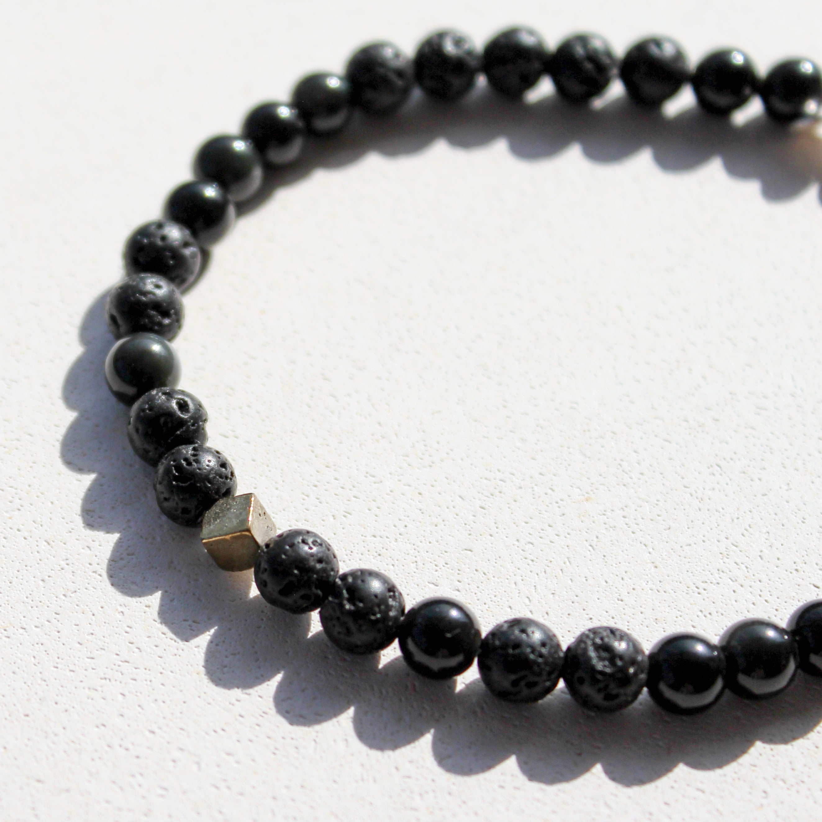 PROTECTION BRACELET - OBSIDIAN, VOLCANIC ROCK & PYRITE