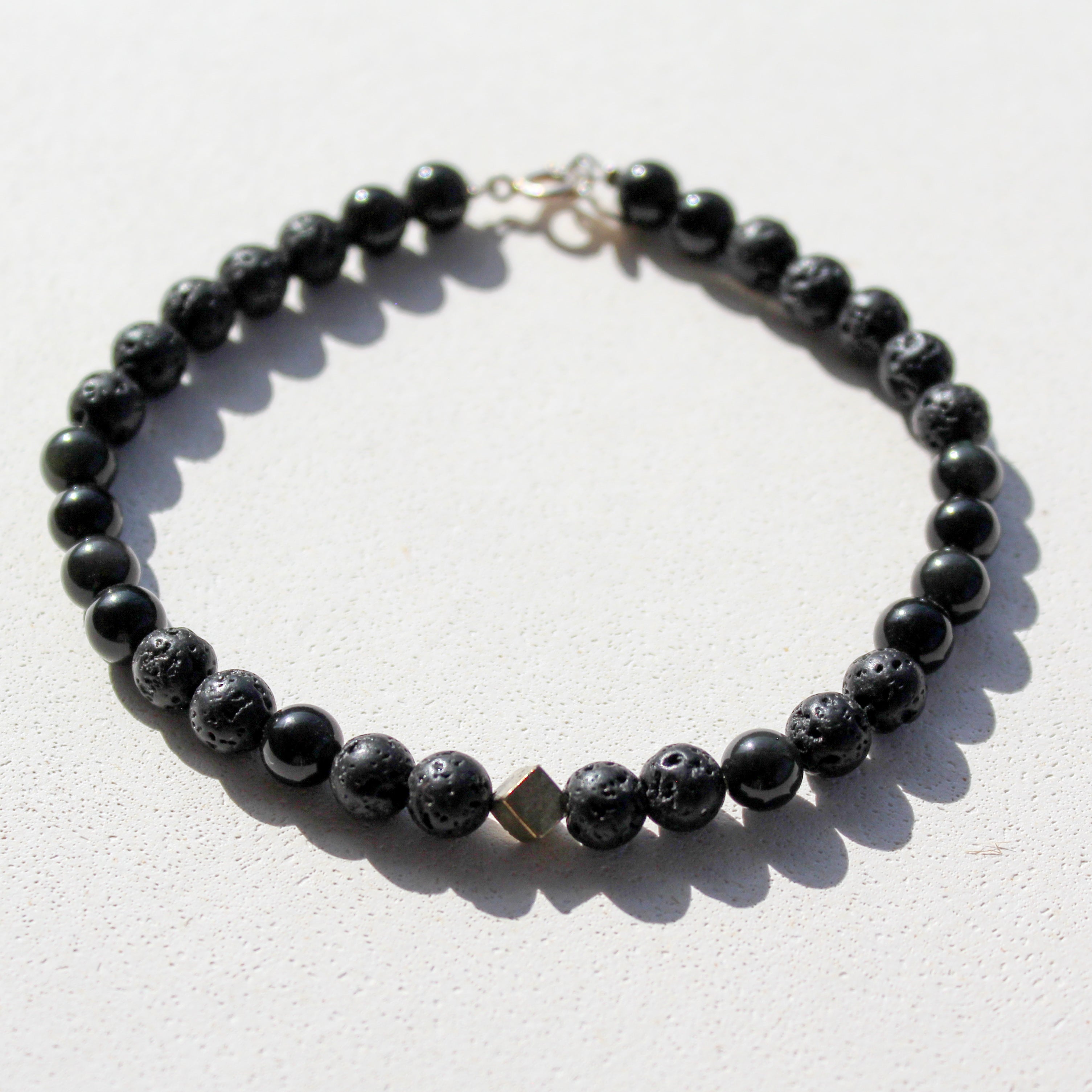 PROTECTION BRACELET - OBSIDIAN, VOLCANIC ROCK & PYRITE