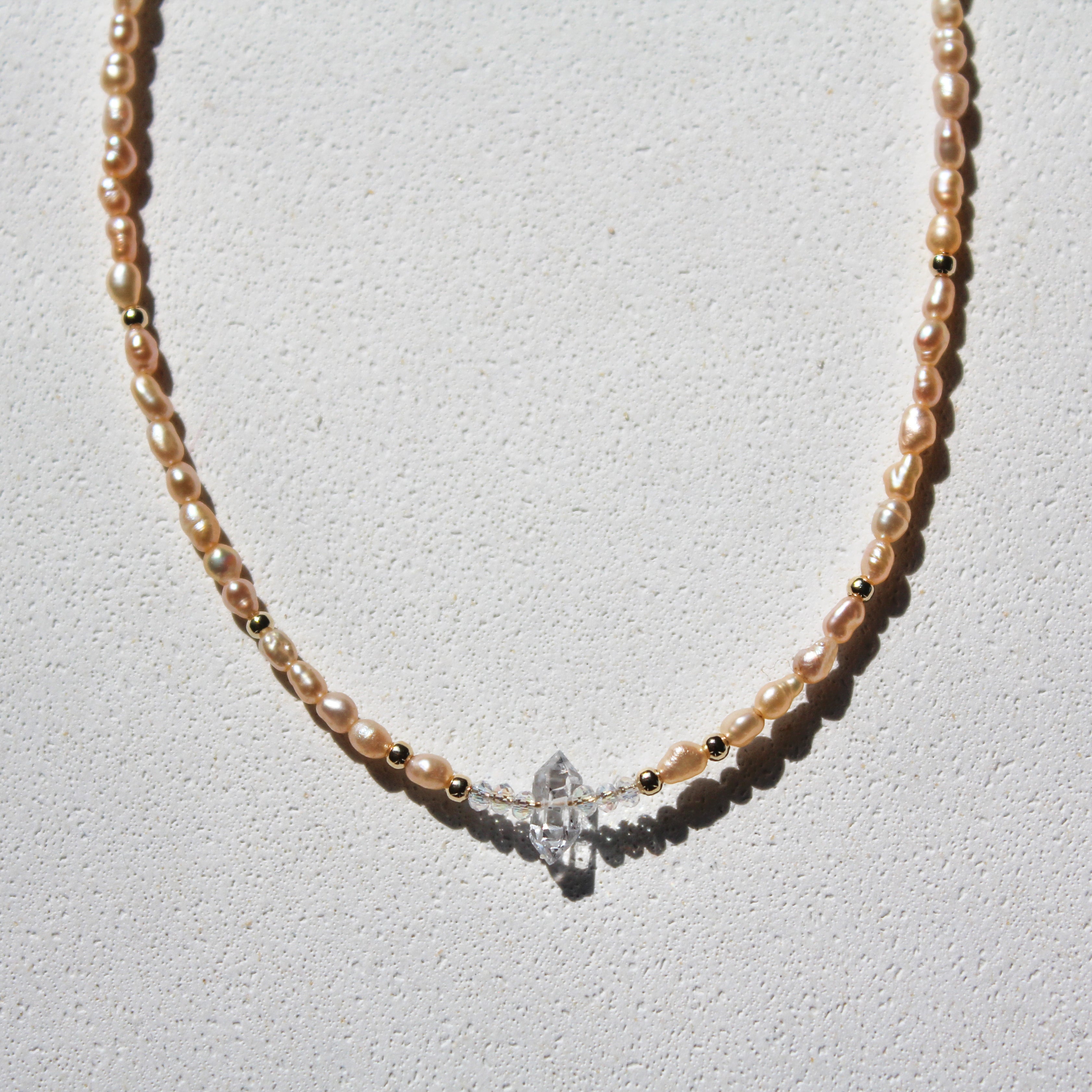 FRESHWATER PINK PEARLS CHOKER - HERKIMER (GOLD-FILLED)