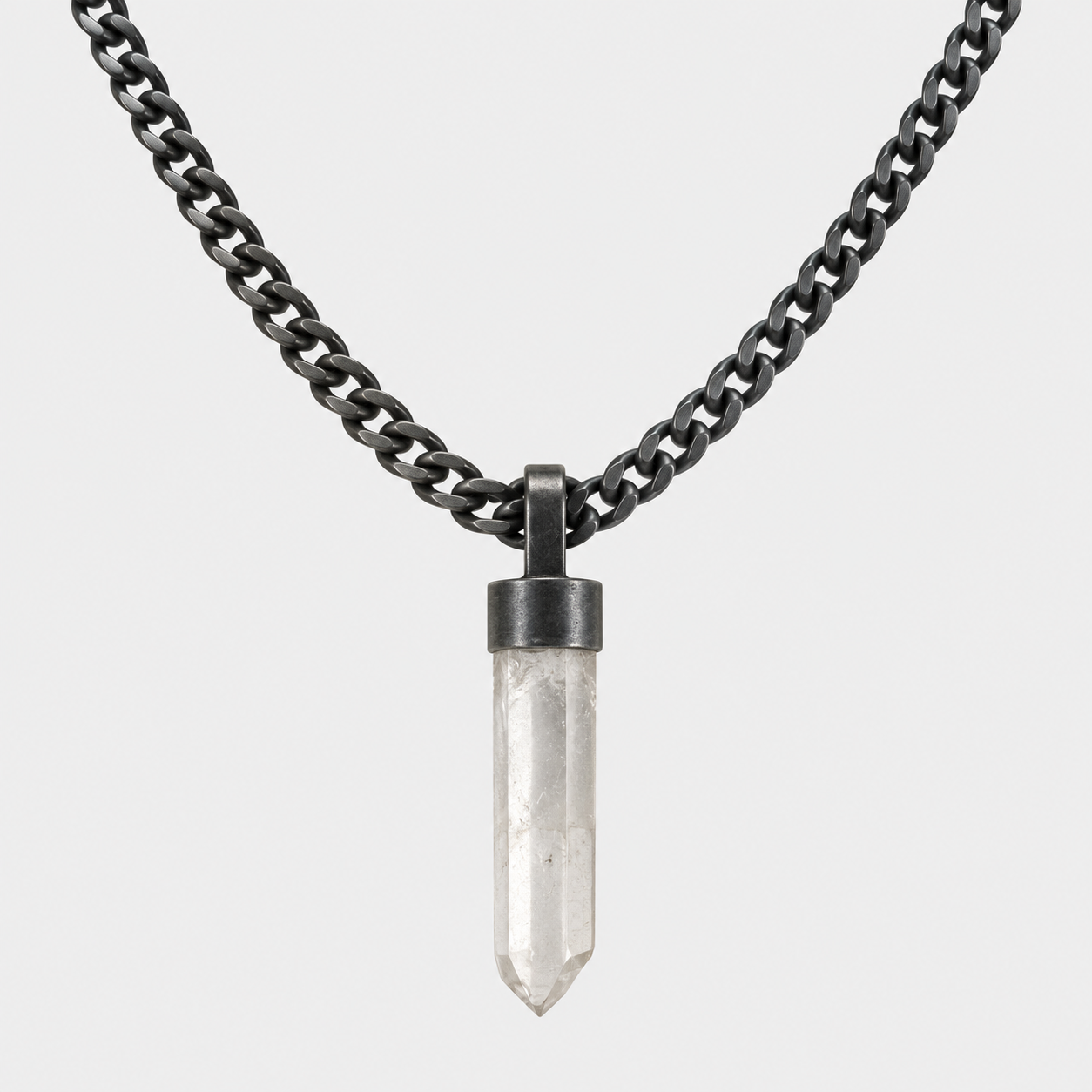 PENCIL PENDULUM NECKLACE - CRYSTAL QUARTZ (BURNED SILVER)